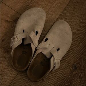 Beige Suede Birkenstock Clogs